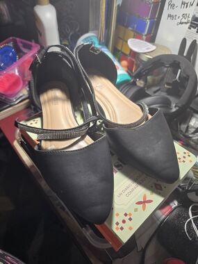 Black Pointed-Toe Flats with Rhinestone Ankle Strap